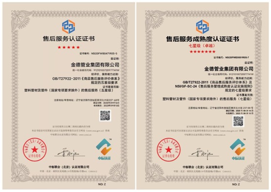 金德管業(yè)榮獲售后服務“七星級”(卓越)認證證書!